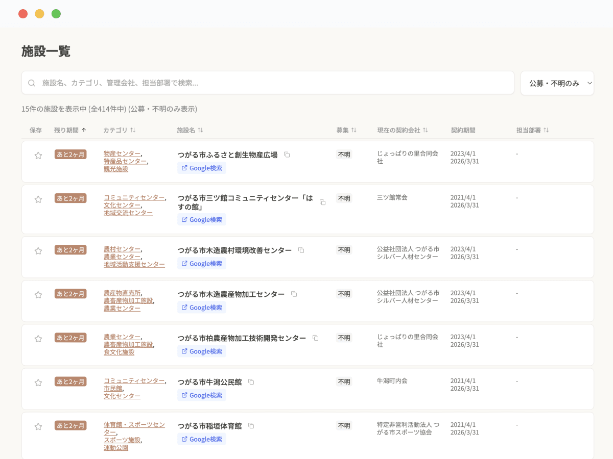 指定管理施設DBの画面